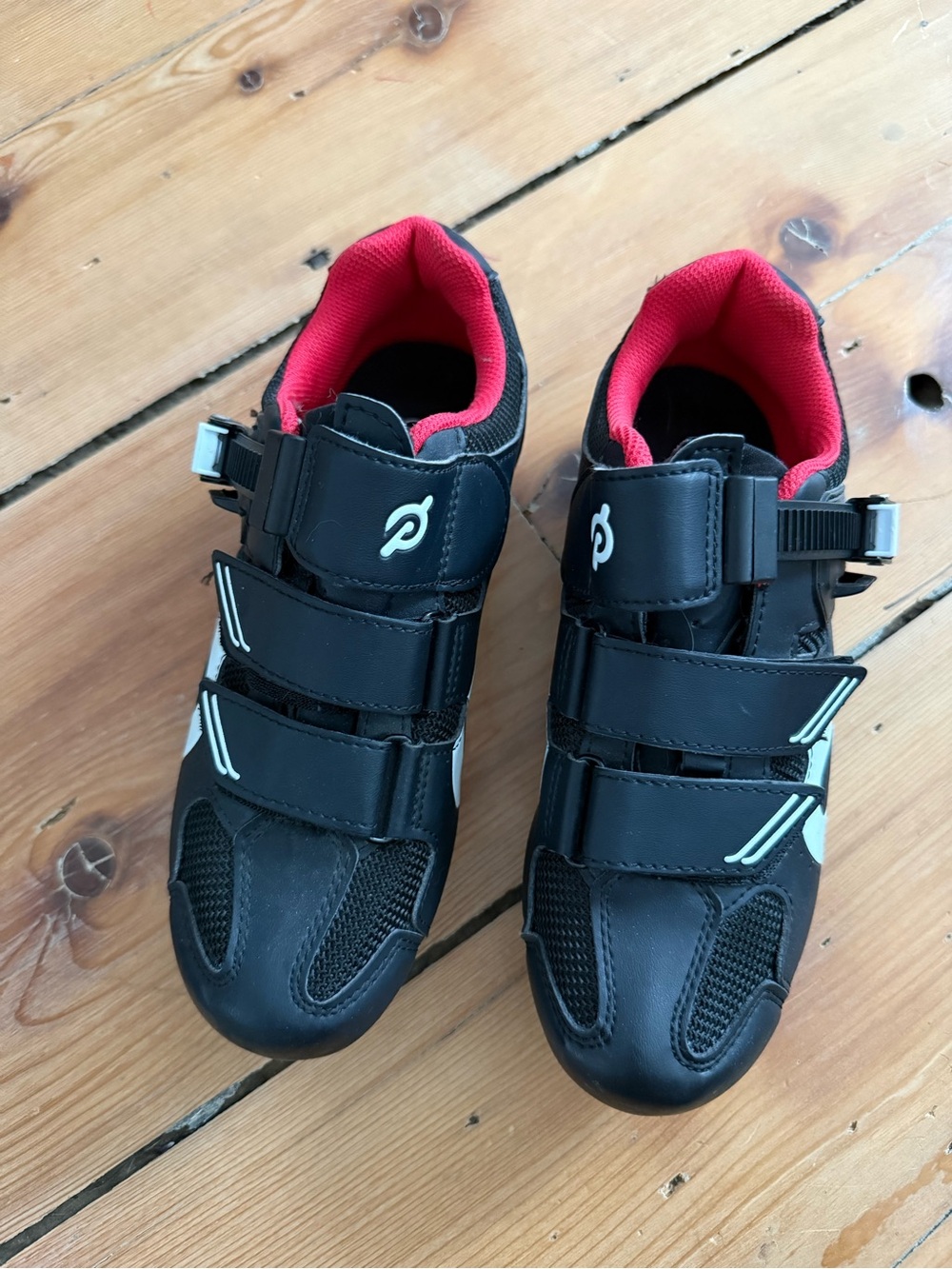 Peloton Black Cycling Shoes with Red Lining and White Accents